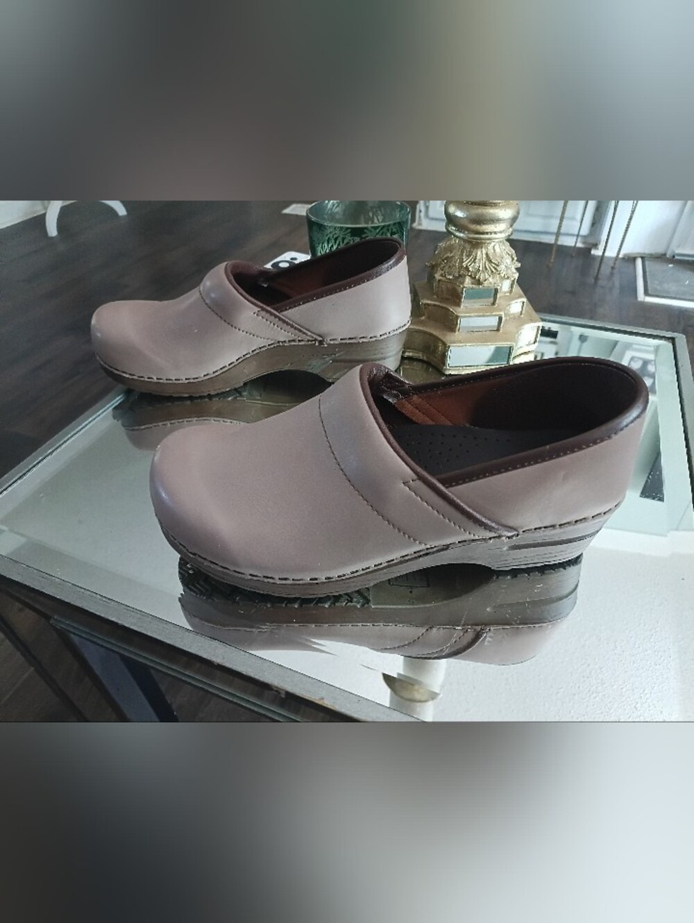 Sanita Women's Clogs in Taupe with Dark Brown Trim